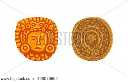 Maya Civilization Symbols Set, Mayan Calendars Cartoon Vector Illustration