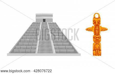 N Maya Civilization Symbols Set, Mayan Pyramid And Totem Pole Cartoon Vector Illustration