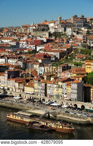 Porto, Portugal - December 02, 2019: View Of The A Ribeira Zone And The City Of Porto At Sunrise Wit