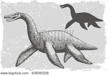 Dinosaur Plesiosaurus Grafic Hand Drawn And Silhouette Illustration. Animal Vector Drawing Isolated 