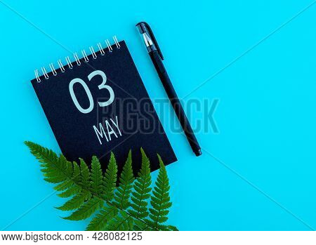 May 3th. Day 3 Of Month, Calendar Date. Black Notepad Sheet, Pen, Fern Twig, On A Blue Background. S