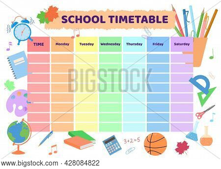School Timetable. Rainbow Kid Design Of Planner. Weekly Schedule For Schoolers In English Language. 