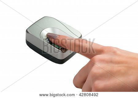 Dito sullo Scanner biometrico isolato On White