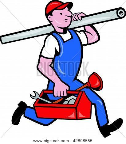 Plumber With Pipe Toolbox Cartoon