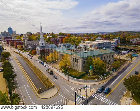 Old Worcester District Court aerial view at 2 Main Street with fall foliage in city of Worcester, Massachusetts MA, USA.