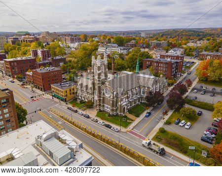 Wesley United Methodist Church aerial view at 114 Main Street in fall with fall foliage in Downtown Worcester, Massachusetts MA, USA.
