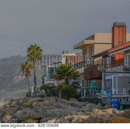 Beach Houses At Emma Wood State Beach On The Pacific Ocean, Ventura, Ventura County, California