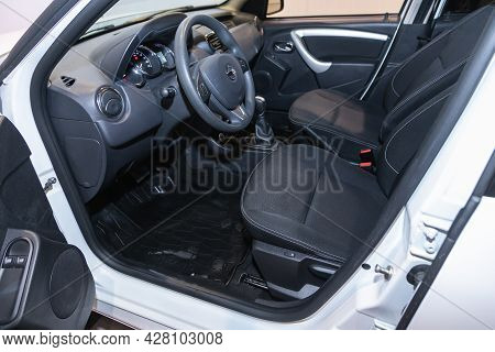 Novosibirsk, Russia - July 21 , 2021:  Nissan Terrano, Steering Wheel, Shift Lever, Multimedia  Syst