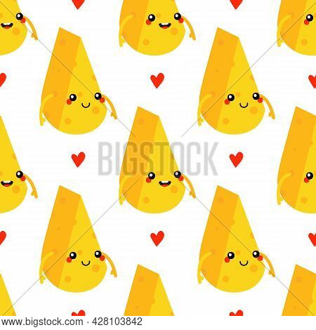Cute Smiling Cartoon Style Cheese Chunks Characters And Red Hearts Vector Seamless Pattern Backgroun
