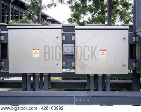 Outdoor Electric Control Box. Circuit Controller Box. Electric Control Box With Push Buttons And Swi