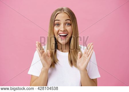 Woman Learning Awesome Great News Clasping Hands In Joy And Excitement Rejoicing Feeling Hapyp For F