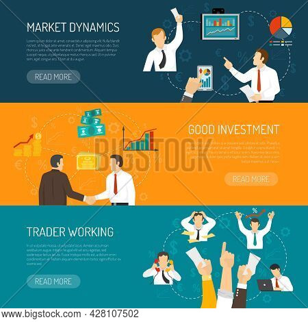 Trader Work Horizontal Banners Set With Profitable Financial Solutions Analysis Of Market Stressful 