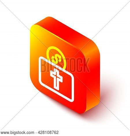 Isometric Line Donation For Church Icon Isolated On White Background. Orange Square Button. Vector