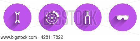 Set Wrench Spanner, Bicycle Brake Disc, Fork And Sport Cycling Sunglasses Icon With Long Shadow. Vec