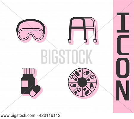 Set Vitamin Pill, Eye Sleep Mask, Medicine Bottle And Pills And Walker Icon. Vector