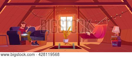 Young Woman At Home Attic Writing Notes In Notepad. Thoughtful Girl Compose Verses Or Put Memoirs In