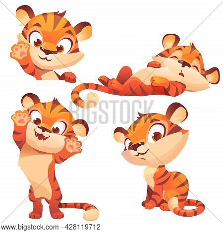 Cute Tiger Cartoon Character, Funny Animal Cub Mascot With Kawaii Muzzle Express Emotions Smile, Pla