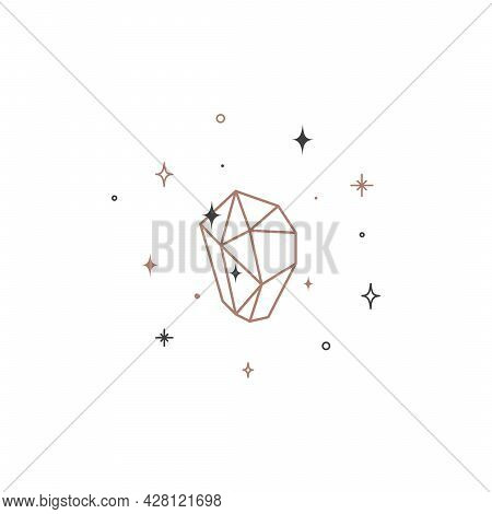 Magic Shining Crystal Thin Line. Outline Symbol Of Gemstone. Sacred Mineral Quartz Linear Icon With 