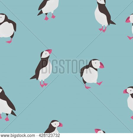 Seamless Pattern With Cute Puffins In Different Poses