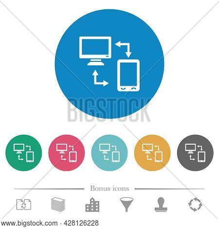 Connecting Mobile To Desktop Flat White Icons On Round Color Backgrounds. 6 Bonus Icons Included.