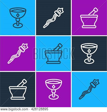 Set Line Medieval Goblet, Mortar And Pestle And Magic Staff Icon. Vector