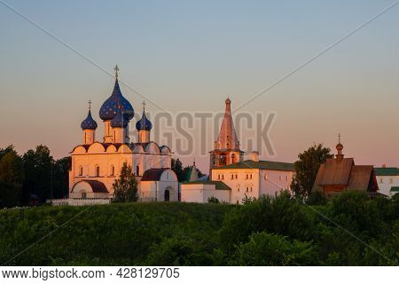 Russia, Suzdal, June 2021: Mother Of God-the Nativity Cathedral In The Suzdal Kremlin At Sunset.