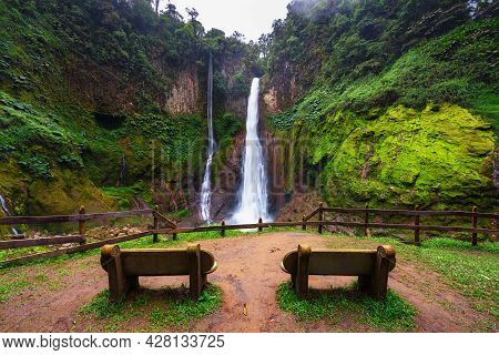 Empty Benches At The Catarata Del Toro Waterfall In Costa Rica