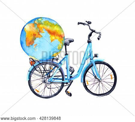Bicycle With World Globe In Basket. Watercolor For Travel Concept
