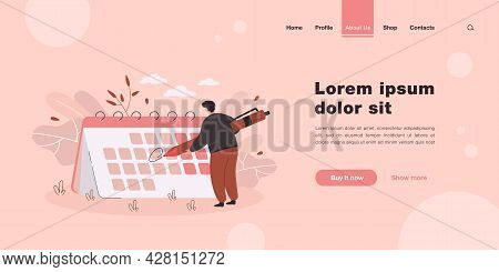 Tiny Man In Front Of Giant Calendar Cartoon Vector Illustration. Person Highlighting Specific Date O
