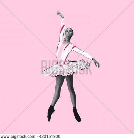 Young Beautiful Graceful Ballerina In Drawn Dress, Outfit Or Tutu Isolated On Pink Background. Illus