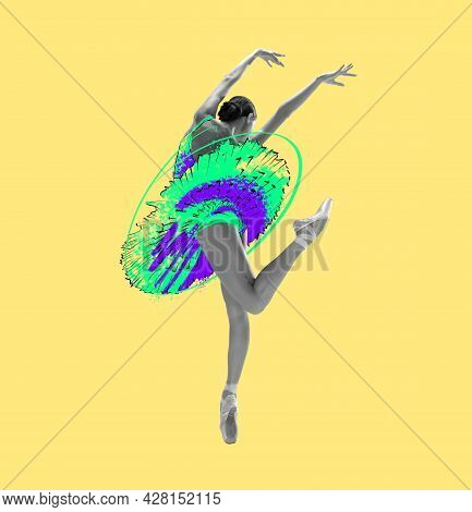 Young Beautiful Graceful Ballerina In Drawn Dress, Outfit Or Tutu Isolated On Yellow Background. Ill