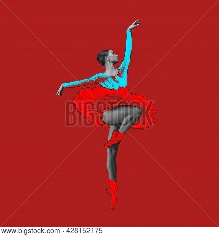 Young Beautiful Graceful Ballerina In Drawn Dress, Outfit Or Tutu Isolated On Red Background. Illust