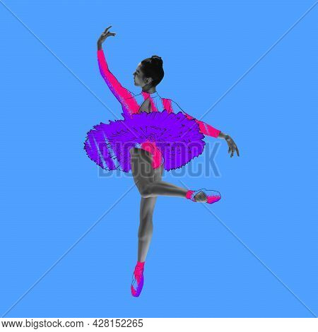 Young Beautiful Graceful Ballerina In Drawn Dress, Outfit Or Tutu Isolated On Blue Background. Illus