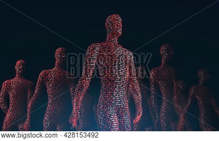 Crowd Of Walking Red Digital People. The Concept Of Human Dependence On A Computer. 3d Rendering
