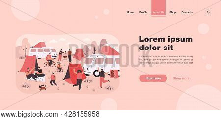 Summer Festival And Tourist Group Camping Outdoor. Flat Vector Illustration. People Enjoying Nature 