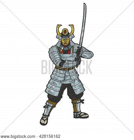 Samurai Warrior With Katana Sword Color Sketch Engraving Vector Illustration. T-shirt Apparel Print 