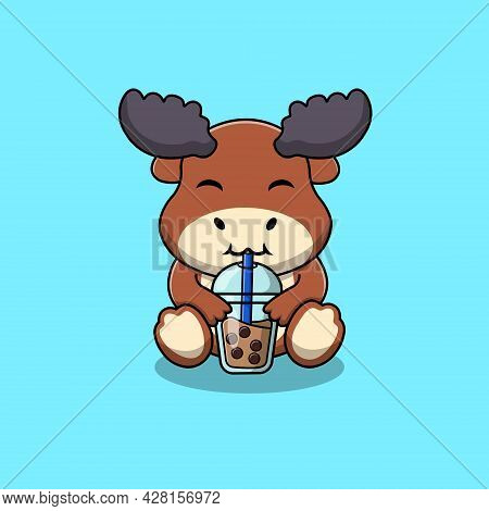 Cute Moose Drink Boba Bubble Tea Cup Cartoon Vector Icon Illustration. Animal Food And Drink Icon Co