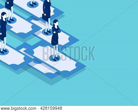 Business Team Standing On Flying Notebank. Business Financial Concept