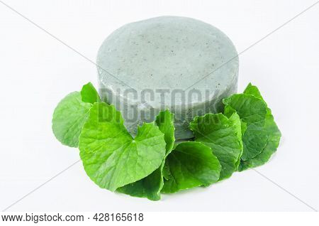 Soap Centella Asiatice With Fresh Green Leaf Centella Isolated On White Background.
