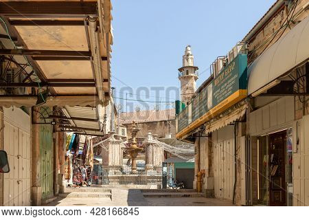 Jerusalem, Israel, July 17, 2021 : Empty Street Al Souq With Shops And Restaurants Closed Due To Cor