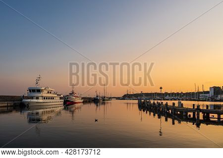 Ships In The Evening In The Port Of Sassnitz On The Island Ruegen, Germany.