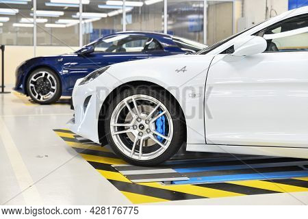 Dieppe, France - June 30, 2018: The New Model Of The Sports Car Alpine A110 Is Exhibited At The Fact