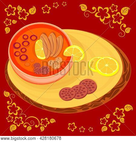 Hodgepodge Cooked In Steep Meat Broth, Vector Illustration On Pattern Background
