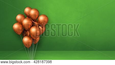 Copper Balloons Bunch On A Green Wall Background. Horizontal Banner. 3d Illustration Render