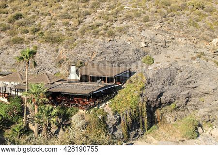 Beautiful Restaurant At Cala Del Barco Cove In Atamaria, Cartagena Province, Spain On A Sunny Day Of