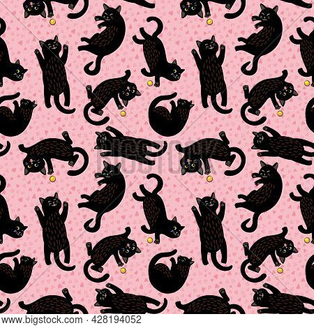 Seamless Vector Pattern With Black Cute Kittens And Hearts On A Pink Background. The Cat Is Playing 
