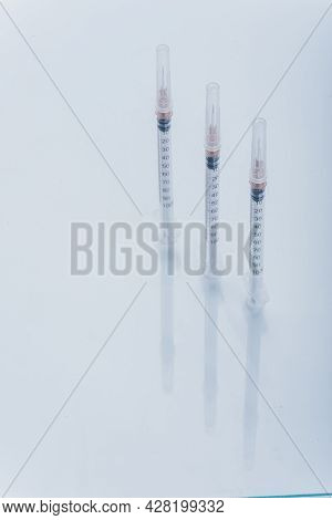 Medicine, Injection, Vaccine And Disposable Syringe Isolated, Drug Concept. Sterile Vial Medical. Ma