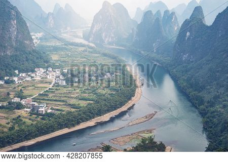 Sunset View Of Karst Hills By Li River. Xingping. Guangxi Province. China.