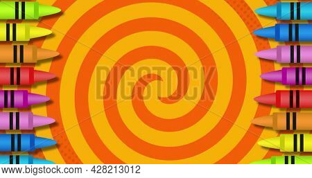 Image of colored pencils in formation on the spinning green background. Education back to school concept digitally generated image.