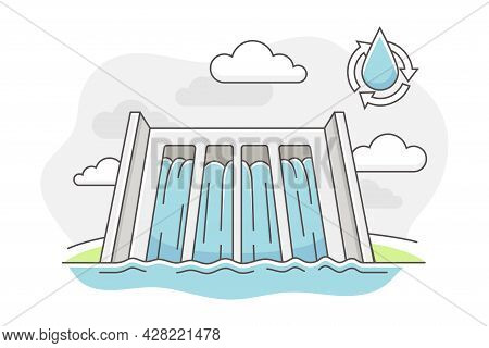 Energy Source With Hydropower And Dam For Stopping Flow Of Surface Water Line Vector Illustration